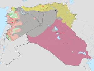 En gris, les territoires contrôlés par l'ÉI (Haghal Jagul - wikimedia - CC https://fr.wikipedia.org/wiki/%C3%89tat_islamique_%28organisation%29#/media/File:Syria_and_Iraq_2014-onward_War_map.png)