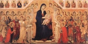 La Maestà (détail), partie centrale sans sa prédelle du recto (1308-1311), peinture sur bois, Museo dell'Opera del Duomo (Sienne), Duccio di Buoninsegna