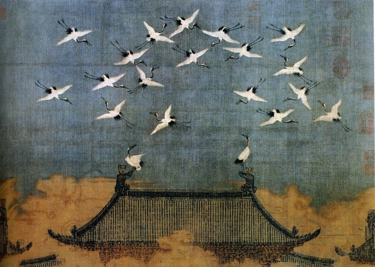 Grues de bon augure, 1112, Empereur Huizong. Encre et couleurs sur soie. Musée provincial du Liaoning. (wikimedia - CC)